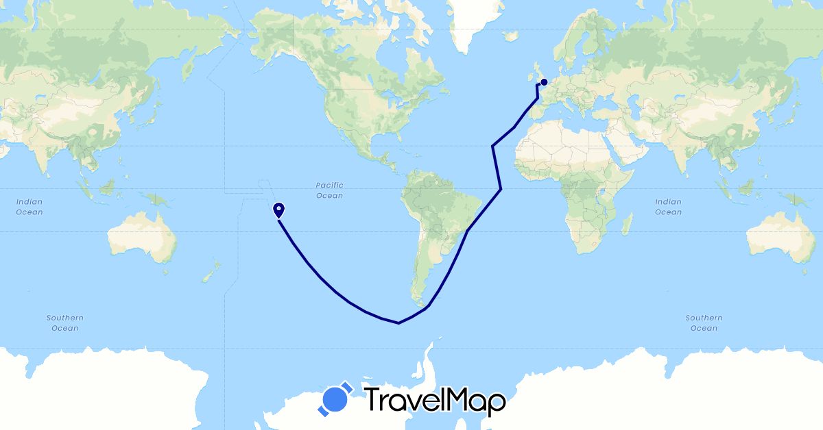 TravelMap itinerary: driving in Argentina, Brazil, Chile, France, United Kingdom, Portugal (Europe, South America)